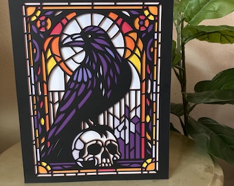 Raven on Skull Halloween Themed Stained Glass Design Layered SVG - Gothic Dark Decor Spooky | Cricut Silhouette | shadowbox cards
