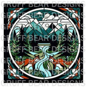Fichier SVG en couches de conception de vitrail de forêt de renard |   Rivière naturelle Pine Mountains | lime à découper | Stickers décoratifs thermocollants pour cartes shadowbox