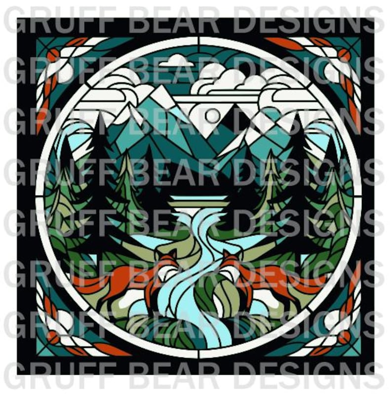 May include: A stained glass window design featuring a mountain landscape with a river flowing through it. Two foxes are on either side of the river, facing each other. The design is framed by a black border with a repeating pattern of red, blue, and green.