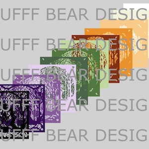 May include: A set of 10 digital paper designs featuring a tree silhouette in various shades of green, purple, orange, and brown. The designs are labeled "Gruff Bear Designs".