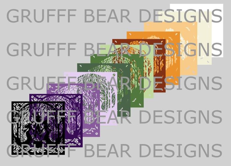 May include: A set of 10 digital paper designs featuring a tree silhouette in various shades of green, purple, orange, and brown. The designs are labeled "Gruff Bear Designs".
