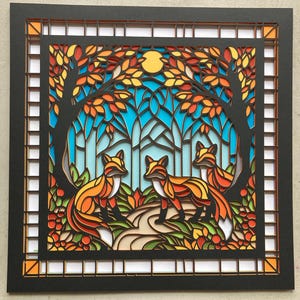 Renards d'automne superposés SVG - Conception de vitrail de scène de forêt | Silhouette Cricut | Shadowbox Feuilles d'automne