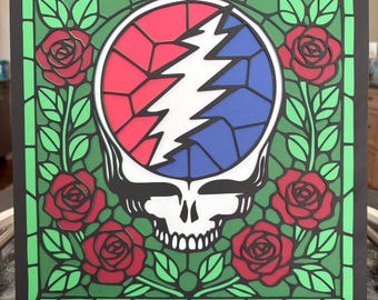 Grateful Dead Skull with Roses Stained Glass Design Layered SVG - 60's 70's Rock Jam Band Hippie Head Groovy Jerry Garcia - Cricut Cut File