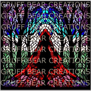 May include: A stained-glass style artwork depicting a figure in a red hooded cloak. The design includes a forest scene with trees in white, green, purple, and blue. The text "GRUFF BEAR CREATIONS" is repeated throughout the image.