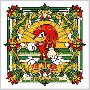May include: A square graphic featuring the character Knuckles from the Sonic the Hedgehog series. The character is red with white gloves and shoes, set against a stained-glass style background with the text "GRUFF BEAR CREATIONS". The background is yellow, green, and red.