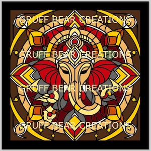 May include: A colorful, geometric illustration of the Hindu deity Ganesha, featuring a stylized elephant head and intricate patterns. The artwork uses a palette of red, yellow, brown, and gold, with the text "GRUFF BEAR CREATIONS" repeated around the image.