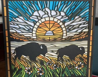 Buffalo on the Prairie Stained Glass Design | Bison Field Sunset Big Sky Country Grass Flowers | Cricut Silhouette shadowbox