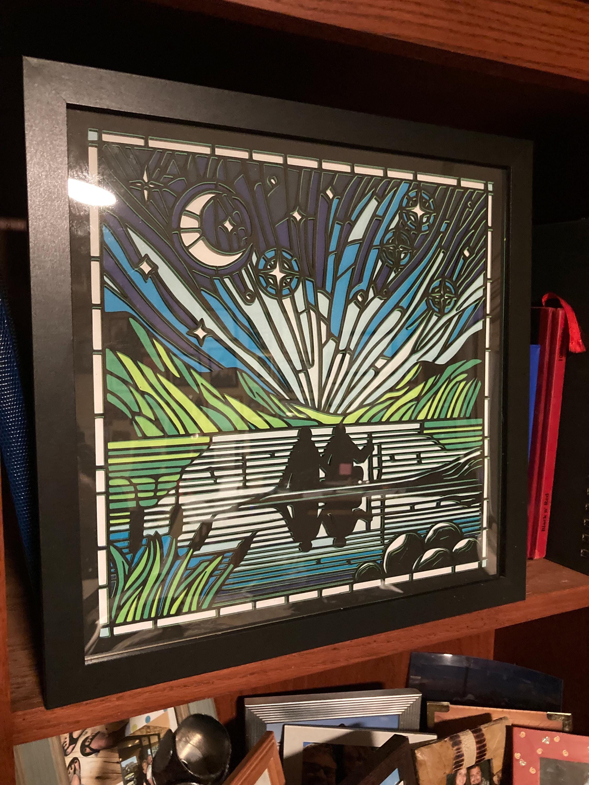 Fishing In The Dark Stained Glass Layered SVG | Mountains Lake River Dock Fish Reeds Cattails Cresent Moon Stars Cricut Silhouette Cut File
