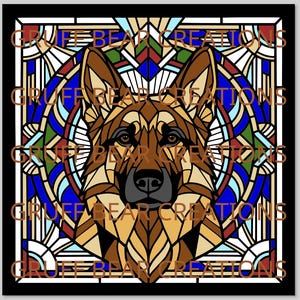 Könnte beinhalten: Ein Kunstwerk im Stil eines Glasfensters mit einem Deutschen Schäferhund. Das Gesicht des Hundes ist der Mittelpunkt, dargestellt in Braun-, Beige- und Schwarztönen. Der Hintergrund umfasst blaue, grüne und weiße geometrische Formen. Der Text "GRUFF BEAR CREATIONS" wiederholt sich.