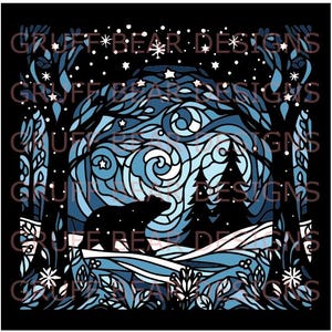 Vitrail ours en hiver neige forêt scène couches SVG - Noël vacances conception | Silhouette Cricut | Arbre à feuilles persistantes shadowbox