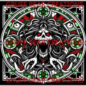 Créature aux crocs acérés avec cadre orné – SVG style vitrail pour machines de découpe (Design horreur) – Halloween gothique et sombre
