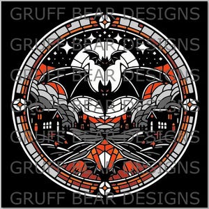 Drie vleermuizen boven de nacht gebrandschilderd glasontwerp spookachtige enorme scène gelaagde SVG | Halloweendecor Spookachtig | Cricut-silhouet | schaduwdoos