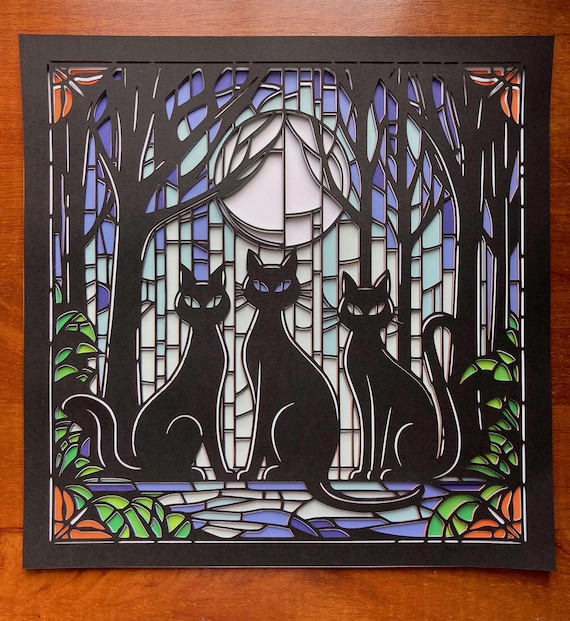 Enchanting Trio of Black Cats Stained Glass Design Forest & Full Moon Layered SVG | Halloween  Decor Spooky | Cricut Silhouette | shadowbox