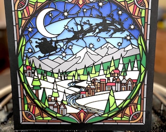 Stained Glass Winter Village SVG – Layered Christmas Scene Cut File for Cricut & Silhouette - Santa Sleigh Vast Mountain Scene