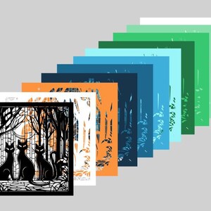 Puede incluir: Un recorte de papel negro con tres gatos negros en una escena de bosque con luna llena. La obra de arte est&aacute; superpuesta a una serie de recortes de papel de colores en tonos azules, verdes y naranjas.