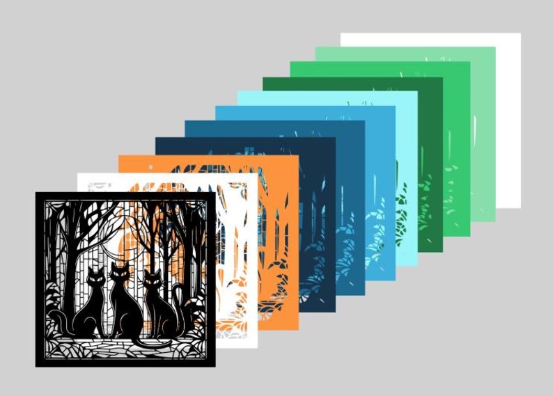 Puede incluir: Un recorte de papel negro con tres gatos negros en una escena de bosque con luna llena. La obra de arte est&aacute; superpuesta a una serie de recortes de papel de colores en tonos azules, verdes y naranjas.