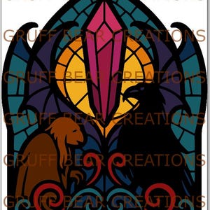 May include: A stained glass design featuring a central pink crystal, a yellow sun, and a black raven opposite a brown creature. The design is framed by a dark blue border with the text "GRUFF BEAR CREATIONS" repeated around the edges.