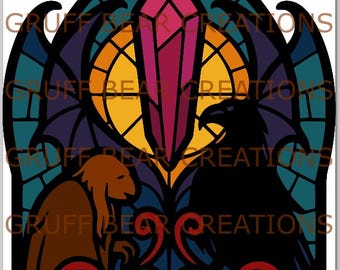 May include: A stained glass design featuring a central pink crystal, a yellow sun, and a black raven opposite a brown creature. The design is framed by a dark blue border with the text "GRUFF BEAR CREATIONS" repeated around the edges.