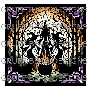 May include: A stained glass style illustration of three witches standing around a cauldron with flames. The witches are wearing pointed hats and long robes. The background is a forest with trees and a full moon.
