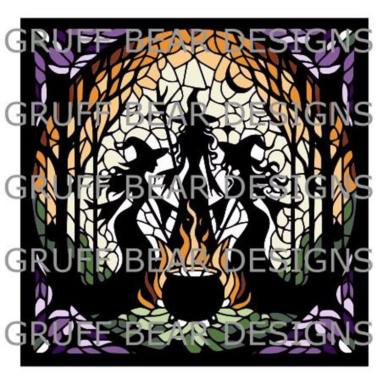 May include: A stained glass style illustration of three witches standing around a cauldron with flames. The witches are wearing pointed hats and long robes. The background is a forest with trees and a full moon.