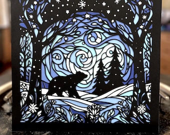 Stained Glass Bear in Winter Snow Forest Scene Layered SVG - Christmas Holiday Design | Cricut Silhouette | Evergreen Tree shadowbox