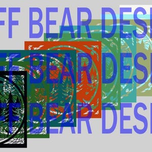 May include: A layered design with the text "Gruff Bear Designs" repeated in blue, green, red, and white. The design features a black and white illustration of a forest scene with trees and a mountain.