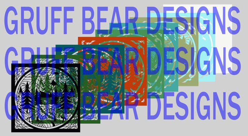 May include: A layered design with the text "Gruff Bear Designs" repeated in blue, green, red, and white. The design features a black and white illustration of a forest scene with trees and a mountain.