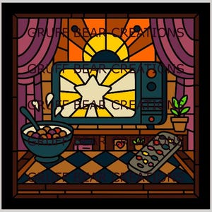 Op de afbeelding: Een illustratie in glas-in-loodstijl met een retro televisie met een sterrenpatroon op het scherm. Een kom met ontbijtgranen, een afstandsbediening en een plant in een pot staan op een plank eronder. De tekst "GRUFF BEAR CREATIONS" is zichtbaar.