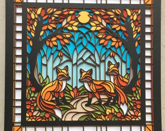 Autumn Foxes Layered SVG - Forest Scene Stained Glass Design | Cricut Silhouette | Fall Leaves shadowbox