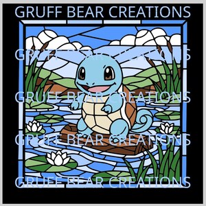 May include: A stained glass style illustration featuring a light blue turtle character standing on a brown log in a pond. The scene includes white water lilies, green reeds, and blue water under a sky with white clouds. Text reads GRUFF BEAR CREATIONS.
