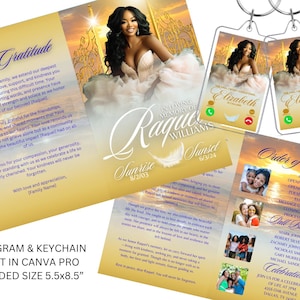 May include: A memorial program and keychain set with a gold and white color scheme. The program features a photo of a woman with a white feather and the text "In Loving Memory of Raquel Williams". The keychain features a photo of the woman with the text "Elizabeth" and a phone icon. The program includes an order of service and a celebration of life announcement. The program is folded to a size of 5.5 x 8.5 inches.