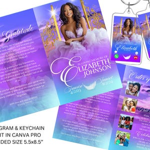 May include: A purple and blue funeral program with a photo of a woman in a white dress. The program includes an order of service, a celebration of life, and a pallbearers list. The program also includes a keychain with a photo of the woman. The text on the program reads "In Loving Memory of Elizabeth Johnson".