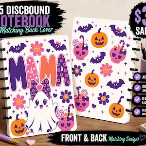 May include: Two A5 discbound notebooks featuring a white background with a Halloween-themed pattern. The front cover displays a ghost with a bow, pumpkins, and the word MAMA. The back cover features a repeating pattern of skulls, bats, and pumpkins.