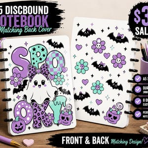 May include: Two A5 discbound notebooks featuring a white background with purple and teal graphics. The front cover displays a ghost with a bow, pumpkins, and the text SPOOKY. The back cover features a repeating pattern of bats, flowers, and hearts.