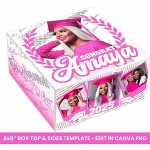 May include: A pink and white graduation box template with the text "CONGRATS Amaya" and the year "2025". The template features a photo of a graduate wearing a cap and gown and other photos of the graduate.