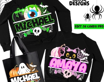 Mall för Halloween-namndesign | Personlig Canva Pro-fil med spöke och pumpa | Redigerbar digital nedladdning, set med 10