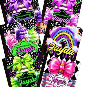 May include: Composition notebooks with colorful designs. Each notebook features a bow, ice cream cones, and the name "Jayda" or "Kayla". The notebooks have a black and white background with a fun, playful aesthetic.