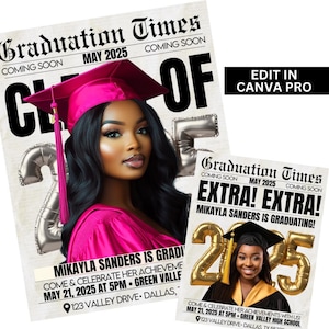 May include: Graduation announcement for Mikayla Sanders, Class of 2025. The announcement is designed to look like a newspaper headline with the text "EXTRA! EXTRA! Mikayla Sanders is graduating!" and a photo of Mikayla in a graduation cap and gown. The announcement includes the date and time of the graduation ceremony, as well as the location.