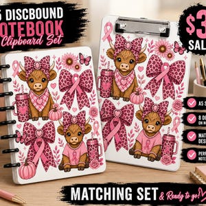 May include: An A5 discbound notebook and clipboard set featuring a repeating pattern of brown highland cows, pink leopard print bows, pumpkins, and butterflies. The notebook has eight black discs along the spine, and the clipboard includes a metal clip.