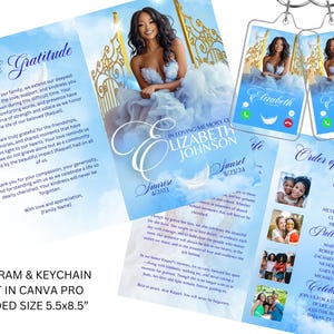 May include: A blue and white memorial program with a photo of a woman in a white dress. The program includes the text "In Loving Memory of Elizabeth Johnson" and the dates "Sunrise 4/2/03" and "Sunset 8/23/24". The program also includes a photo of a woman in a white dress and a photo of a woman in a blue dress. The program also includes a keychain with a photo of the woman in a white dress.