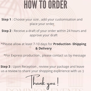May include: A beige graphic with the text "HOW TO ORDER" at the top. The steps to order are listed below, including choosing a size, receiving a draft, and reviewing the package. The text "Thank you!" is written in cursive at the bottom.