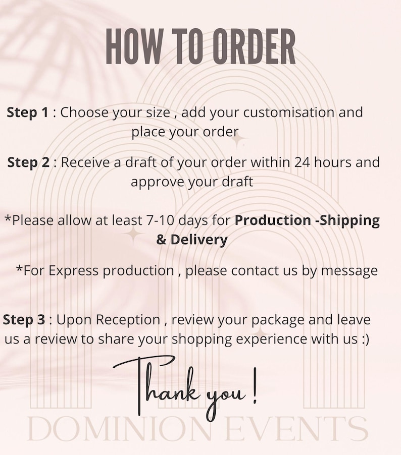 May include: A beige graphic with the text "HOW TO ORDER" at the top. The steps to order are listed below, including choosing a size, receiving a draft, and reviewing the package. The text "Thank you!" is written in cursive at the bottom.