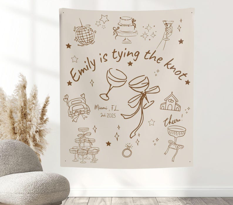 May include: Beige wedding tapestry with brown line art illustrations of wedding-related icons, including a cake, champagne glasses, and a car. Text reads "Emily is tying the knot" and "Miami, FL Jul 2025".