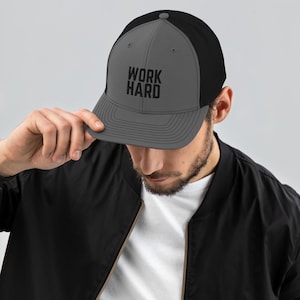 Work Hard Trucker Hat- Embroidered Cap for Tradesmen, Welders, Mechanics, Carpenters, Construction, Indsutrial - Blue Collar Work Hat,