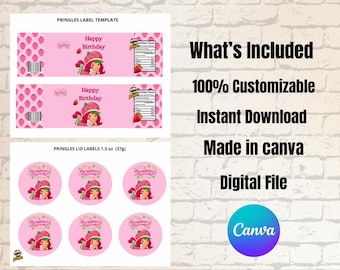 May include: A digital file template for Pringles labels and lid labels. The design features a pink background with strawberry illustrations and a cartoon girl. Text includes "Happy Birthday" and "Strawberry Sweetie". The file is 100% customizable and available for instant download.