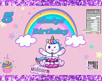May include: A pink birthday-themed graphic with a rainbow, unicorn, and cupcake. The text reads "Gladys Birthday" and "unicorn". A cartoon unicorn winks while sitting in front of a cake. The number "5" is displayed.