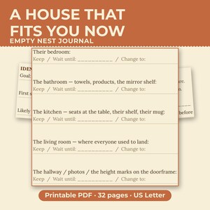 Könnte beinhalten: Ein druckbares Journal mit dem Titel A HOUSE THAT FITS YOU NOW EMPTY NEST JOURNAL. Die Seite enthält Aufforderungen für Wohnbereiche wie Schlafzimmer, Bad, Küche, Wohnzimmer und Flur mit Zeilen zum Ausfüllen von Keep, Wait until und Change to.