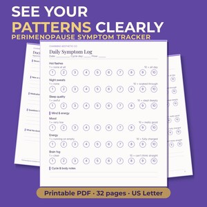 May include: A white paper perimenopause symptom tracker with purple text and lines. The document features a Daily Symptom Log with numbered scales from 1 to 10 for tracking hot flashes, night sweats, sleep quality, mood, energy, and brain fog.