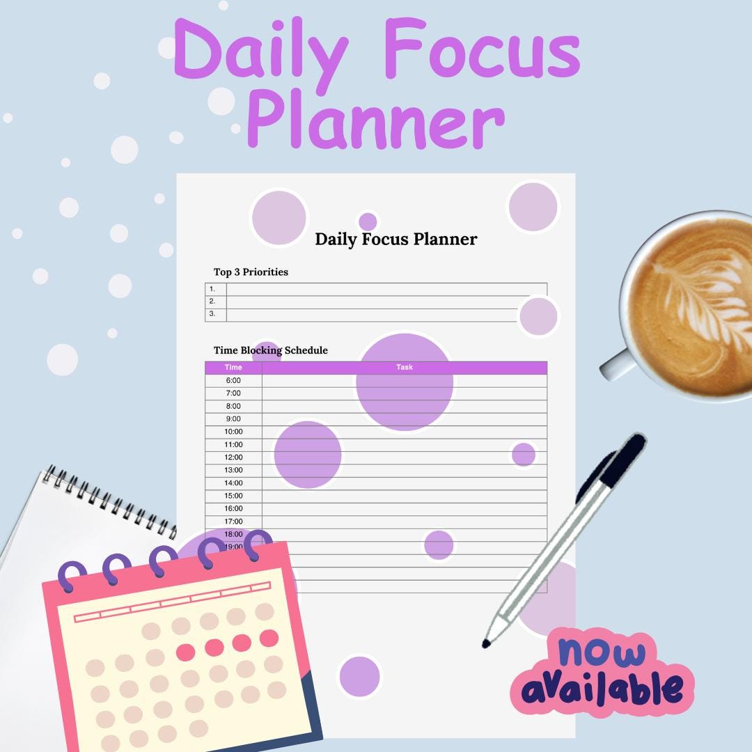 Daily Focus Planner Printable – Digital Productivity Template for Goal ...