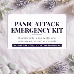 May include: A rectangular sign with dark purple text on a white background reading PANIC ATTACK EMERGENCY KIT, Grounding cards + a step-by-step panic action plan you can reach for in seconds, and GROUNDING CARDS • ACTION PLAN • INSTANT DOWNLOAD.